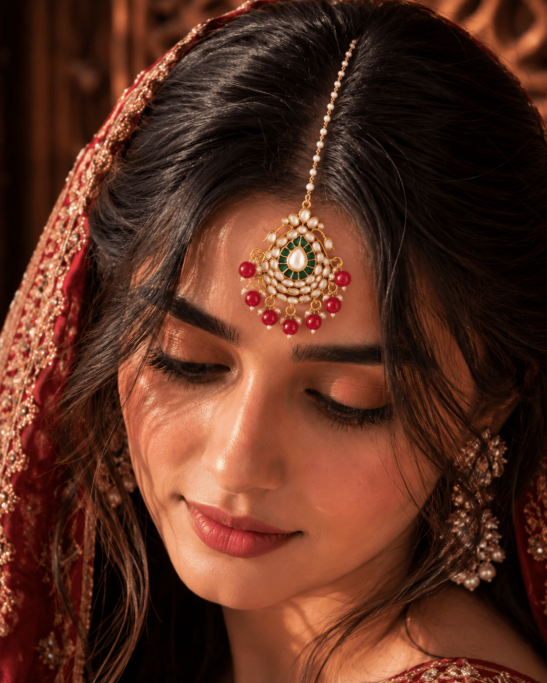 Gold Plated Maang Tikka with Red Beads – Festive Kundan Jewelry Design