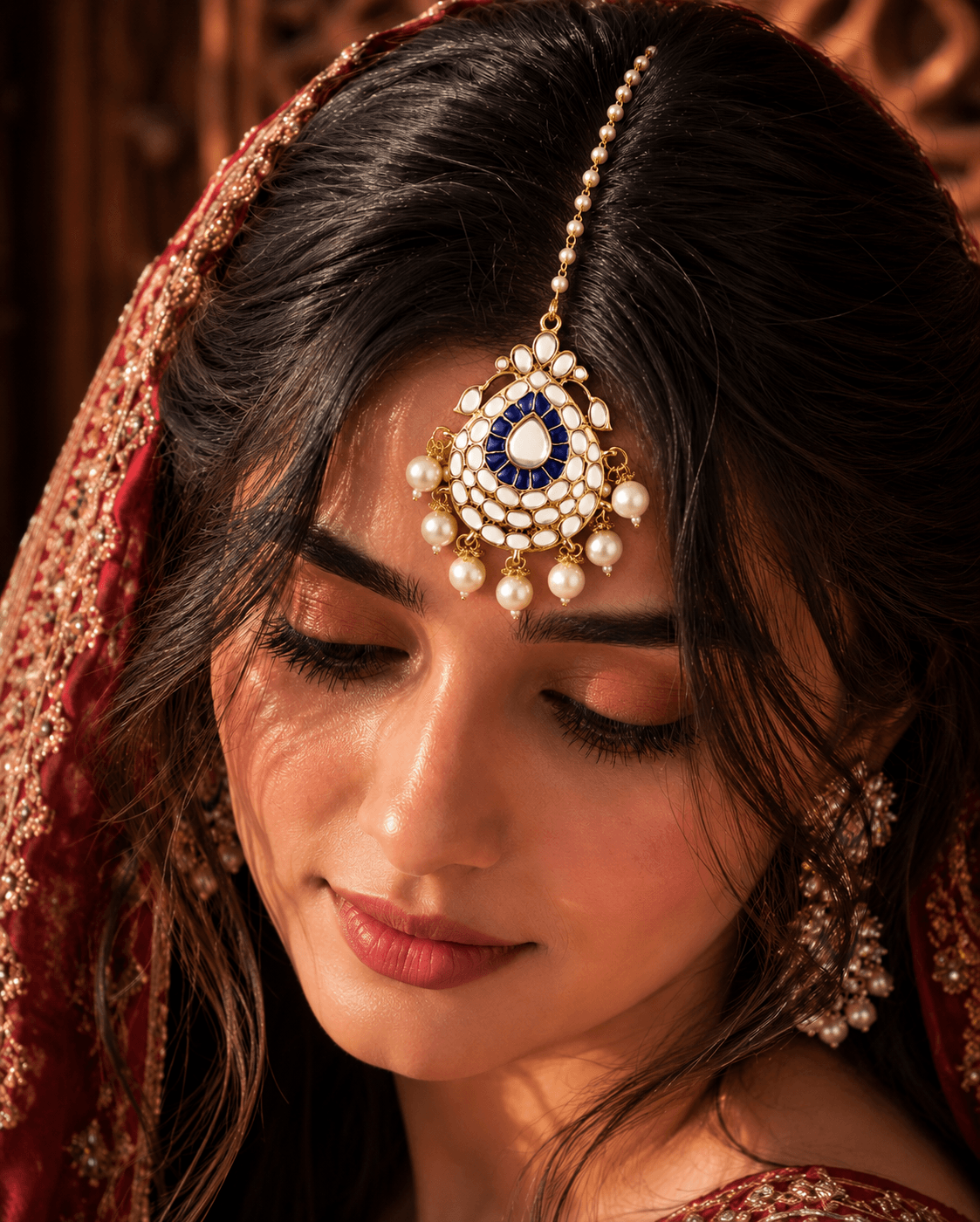 Blue Kundan Maang Tikka with White Pearl – Pearl Maang Tikka for Weddings