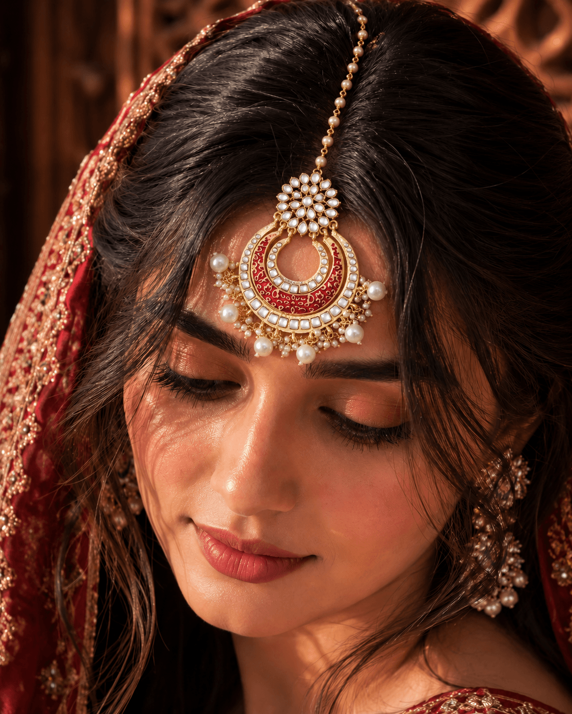 Red Meenakari Kundan Maang Tikka Chandbali with White Pearl Accents