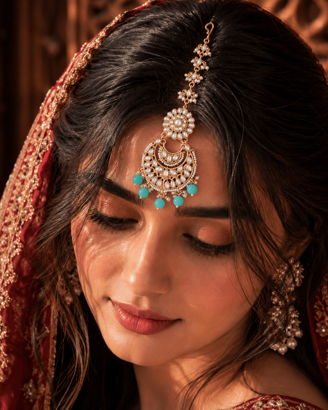 Traditional Kundan Maang Tikka with Aqua Blue Drops, Gold Plated Headpiece