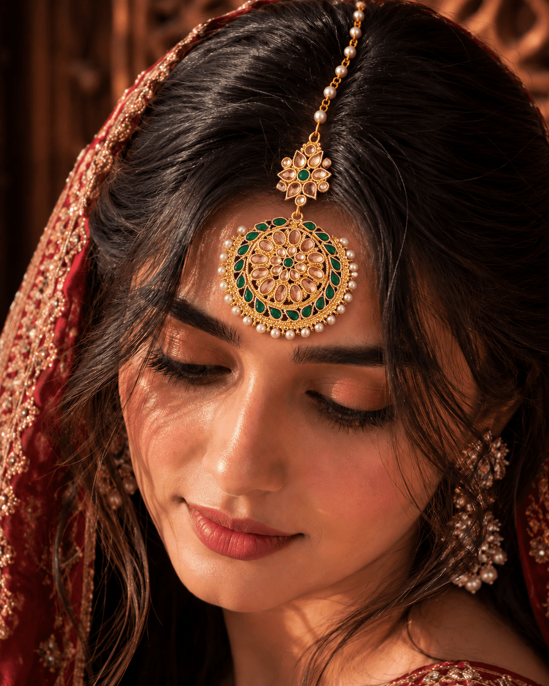 Green Kundan Maang Tikka for Women – Gold-Plated Traditional Pearl Headpiece