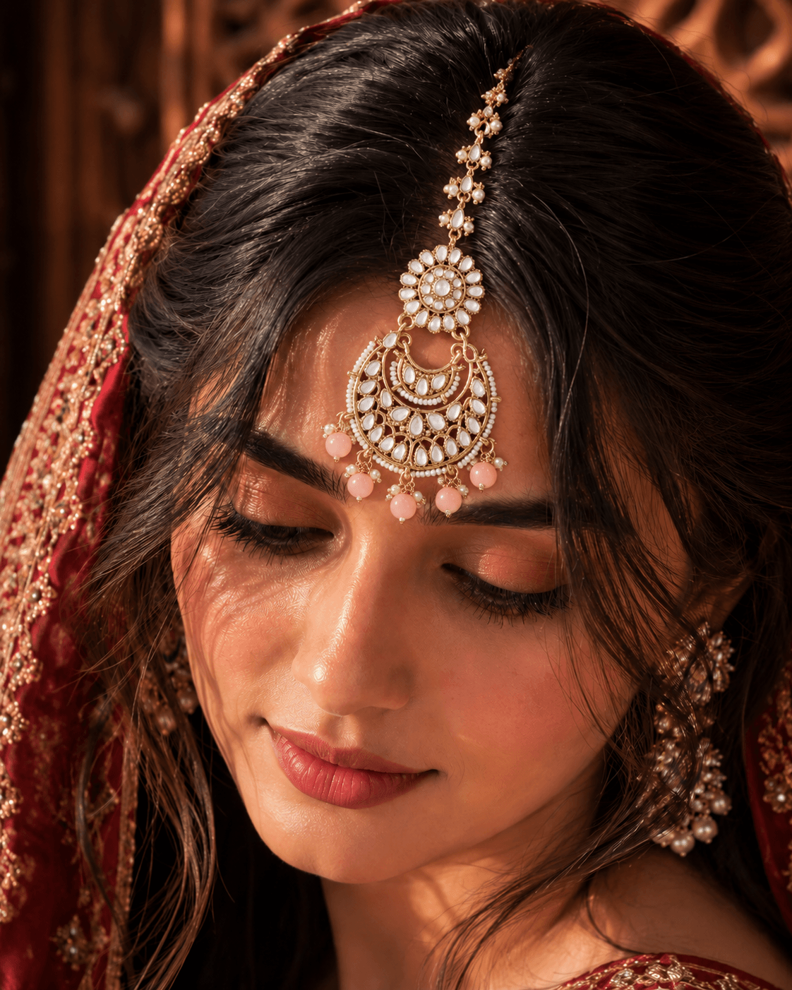 Baby Pink Kundan Maang Tikka with Pearls – Ethnic Headpiece for Women