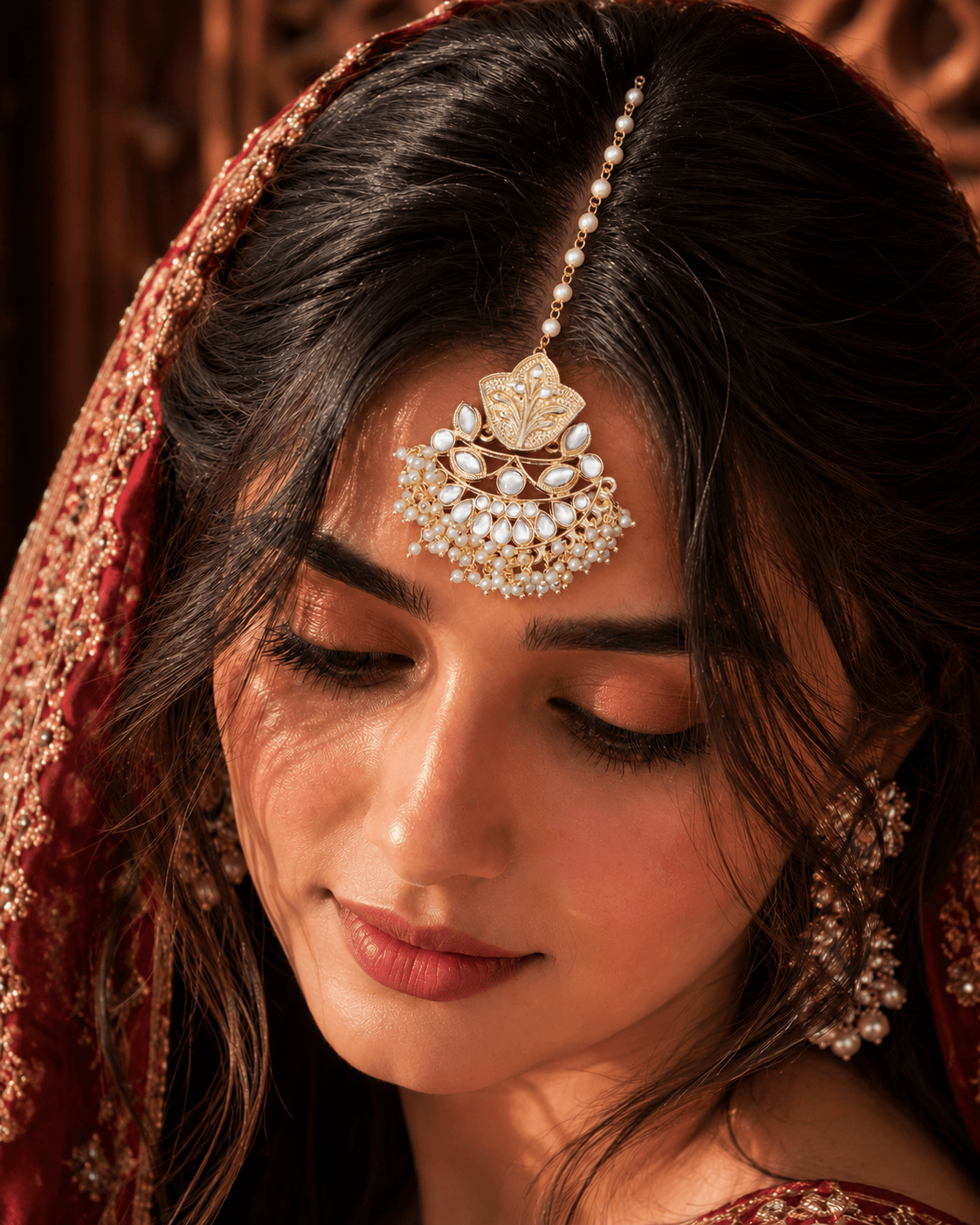 White Kundan Pearl Maang Tikka for Women – Elegant Bridal Ethnic Jewelry