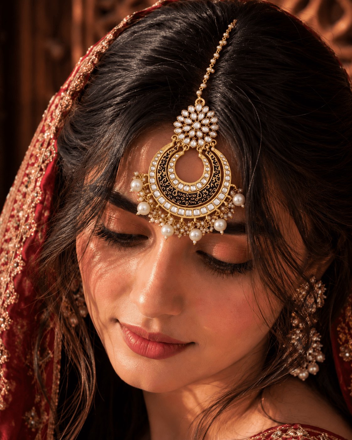 White Kundan Pearl Maang Tikka – Asymmetric Gold Festive Jewellery for Women