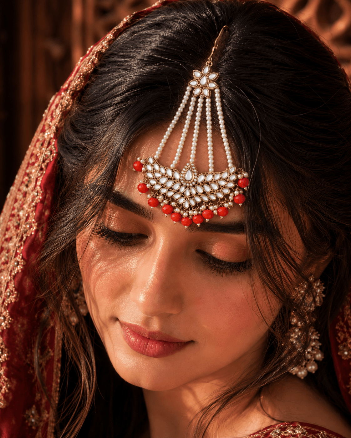 Red Kundan Maang Tikka Bridal Passa with Gold Finish Floral Design