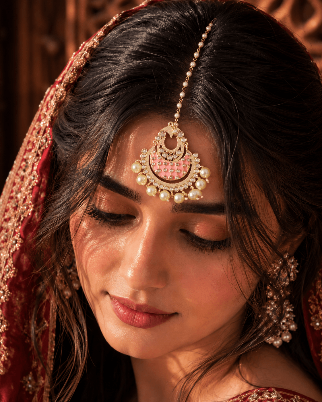 Pink Meenakari Kundan Pearl Maang Tikka for Women Ethnic Jewelry
