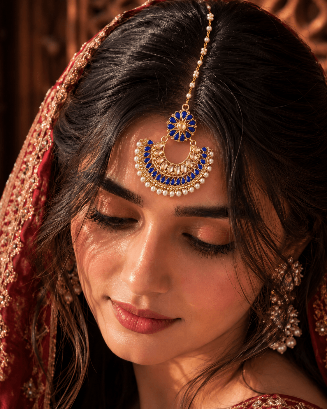Royal Blue Kundan Maang Tikka – Gold Chaandbali Festive Headpiece