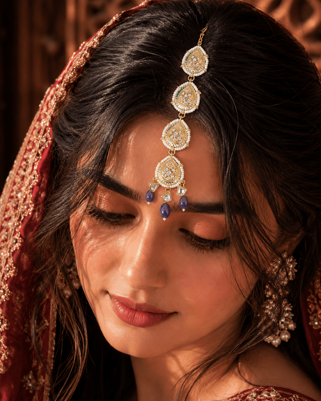 Blue Pearl Kundan Maang Tikka Gold-Plated Bridal Jewelry for Women