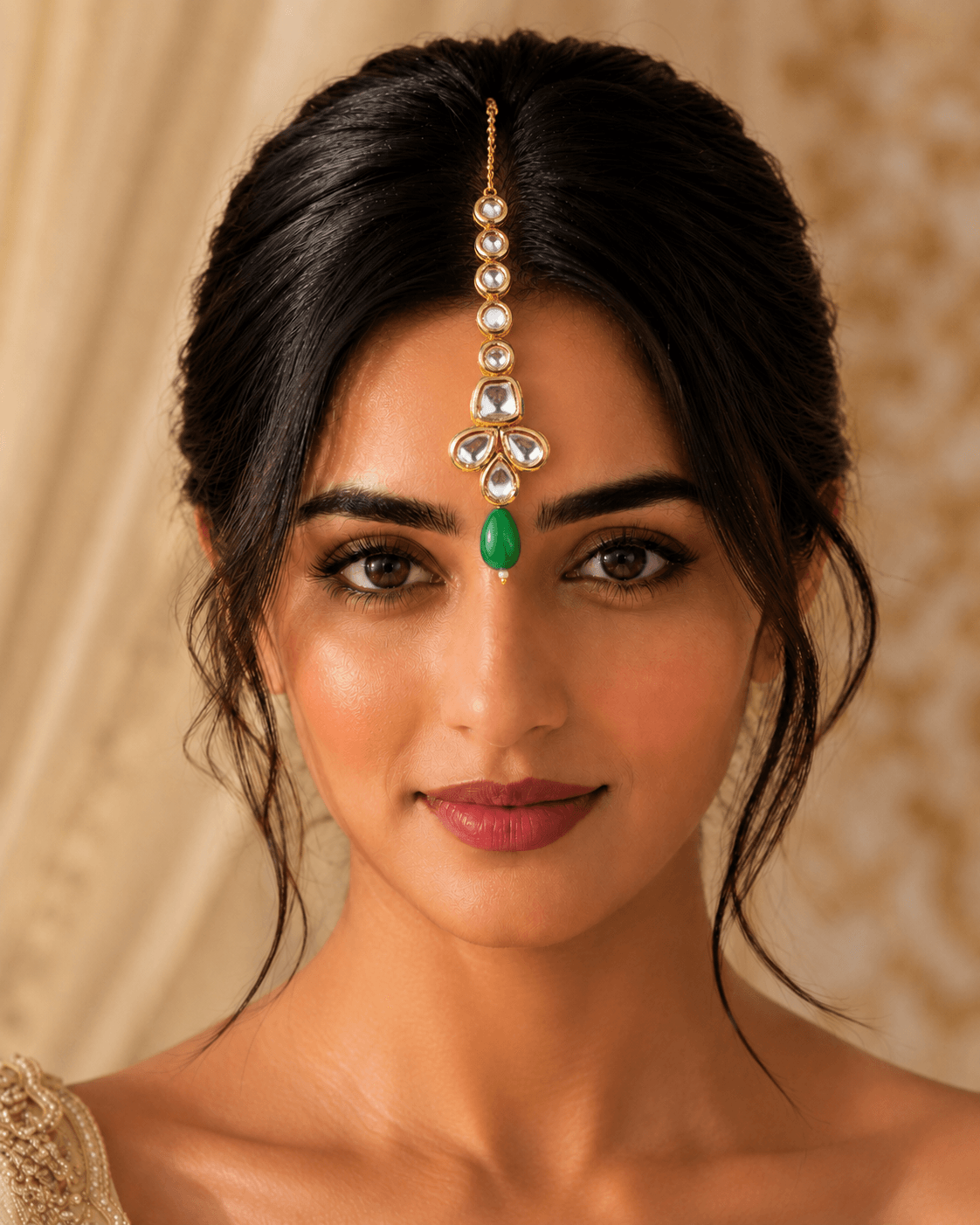 Kundan Embellished Floral Meenakari Reversible Maang Tikka with Green Drops
