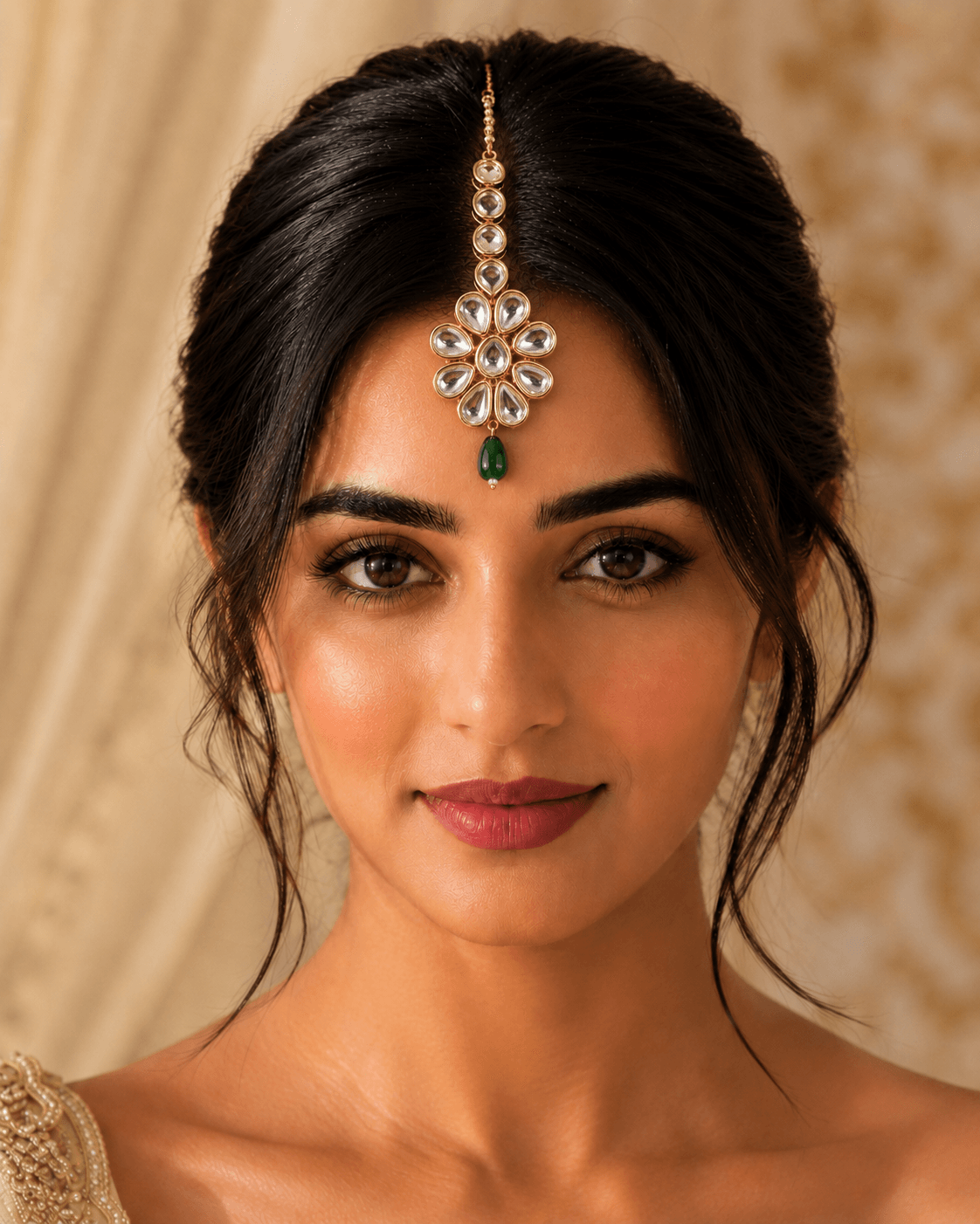 Kundan Meenakari Gold-Plated Green Drops Maang Tikka for Women & Girls