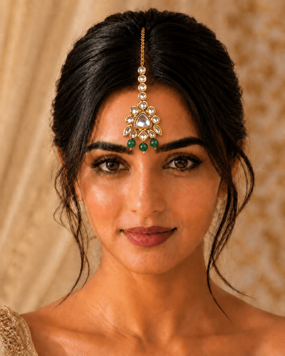 Green Pearl Kundan Meenakari Reversible Tikka – Lightweight Ethnic Jewelry