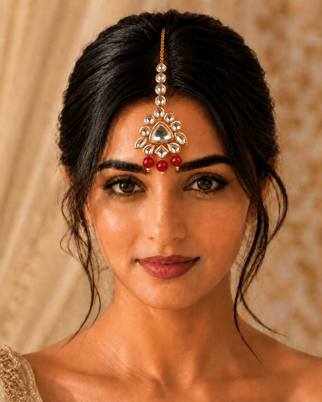 Maroon Pearl Kundan Meenakari Reversible Tikka for Girls – Ethnic Jewelry