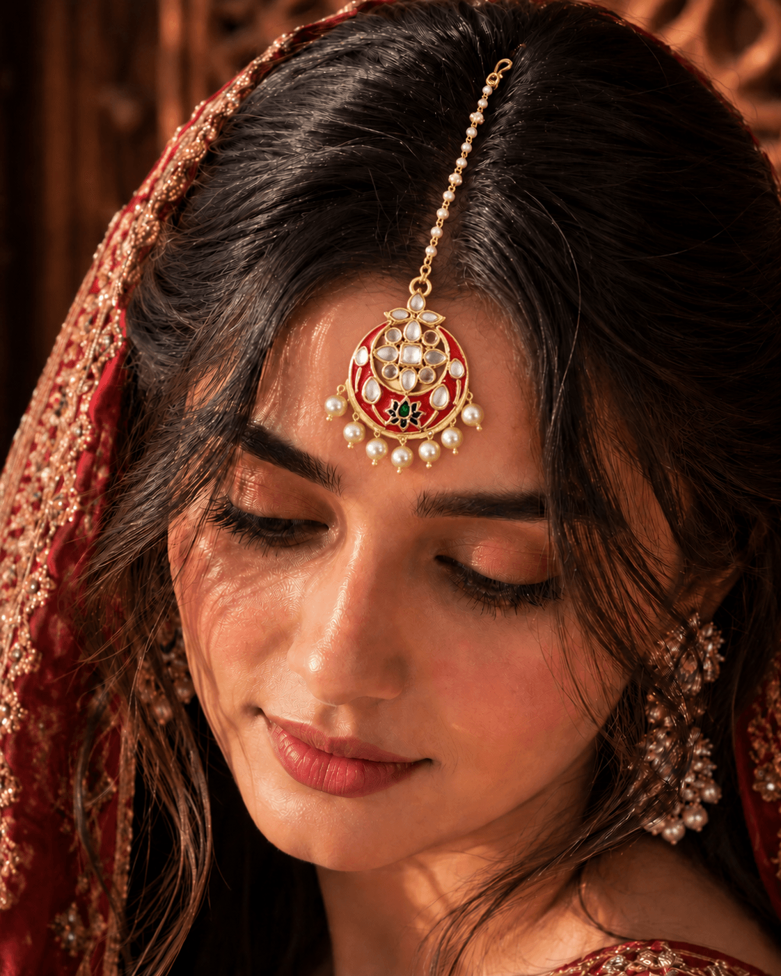 Gold Plated Kundan Half Moon Shape Maang Tikka Traditional Red Design