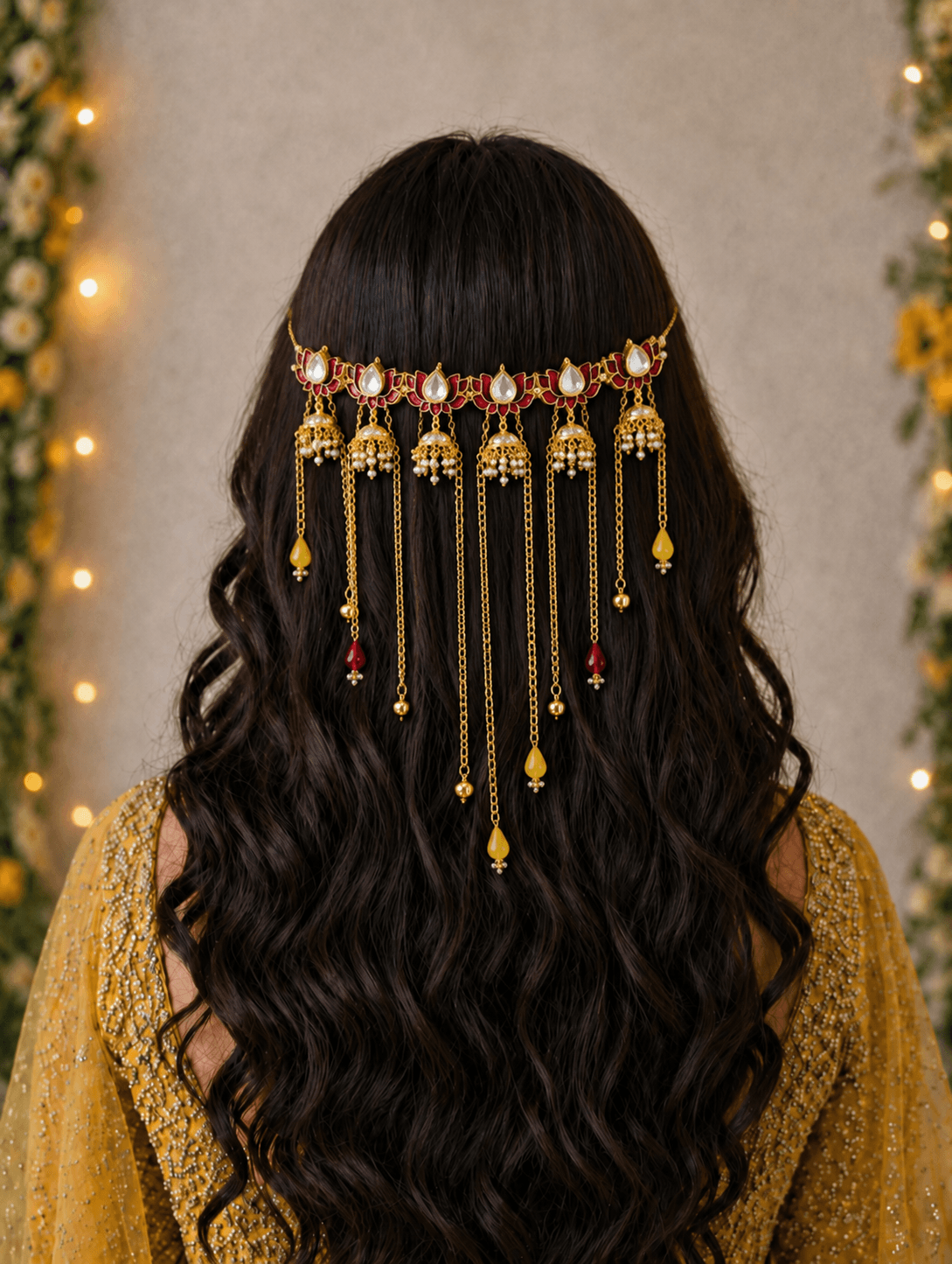 Maroon Kundan Lotus Hair Accessory with Pearls