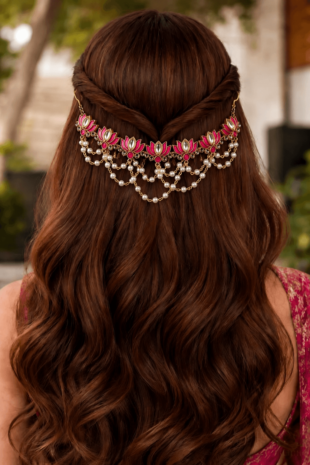Pink Lotus Kundan Hair Accessory