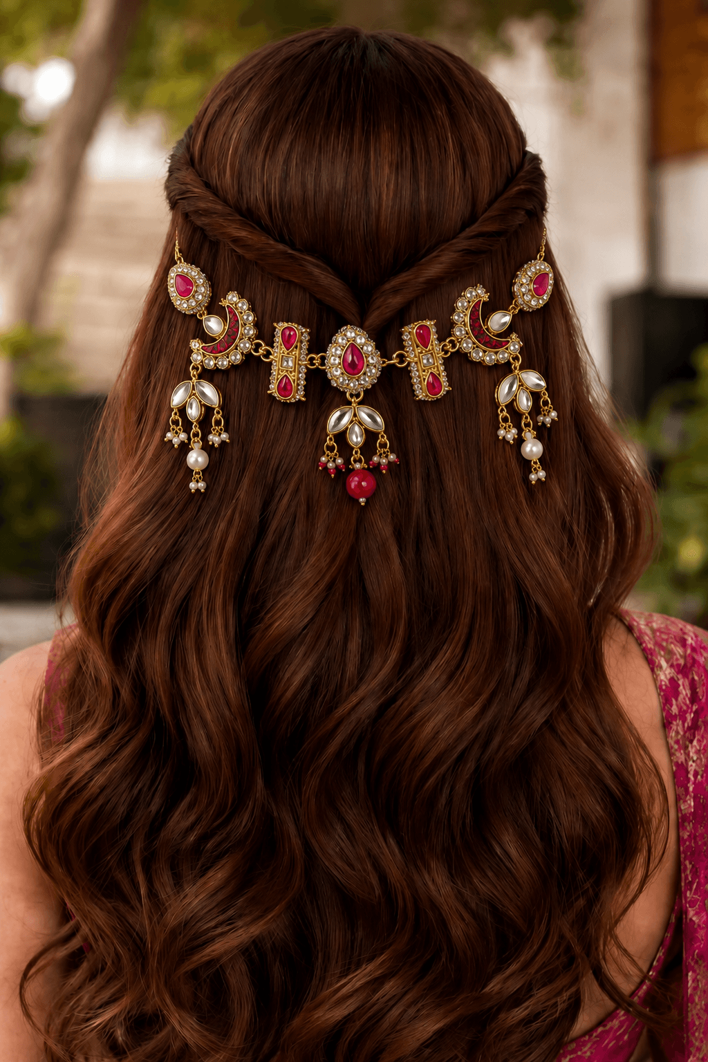 Handmade Maroon Pink Kundan Hair Accessory