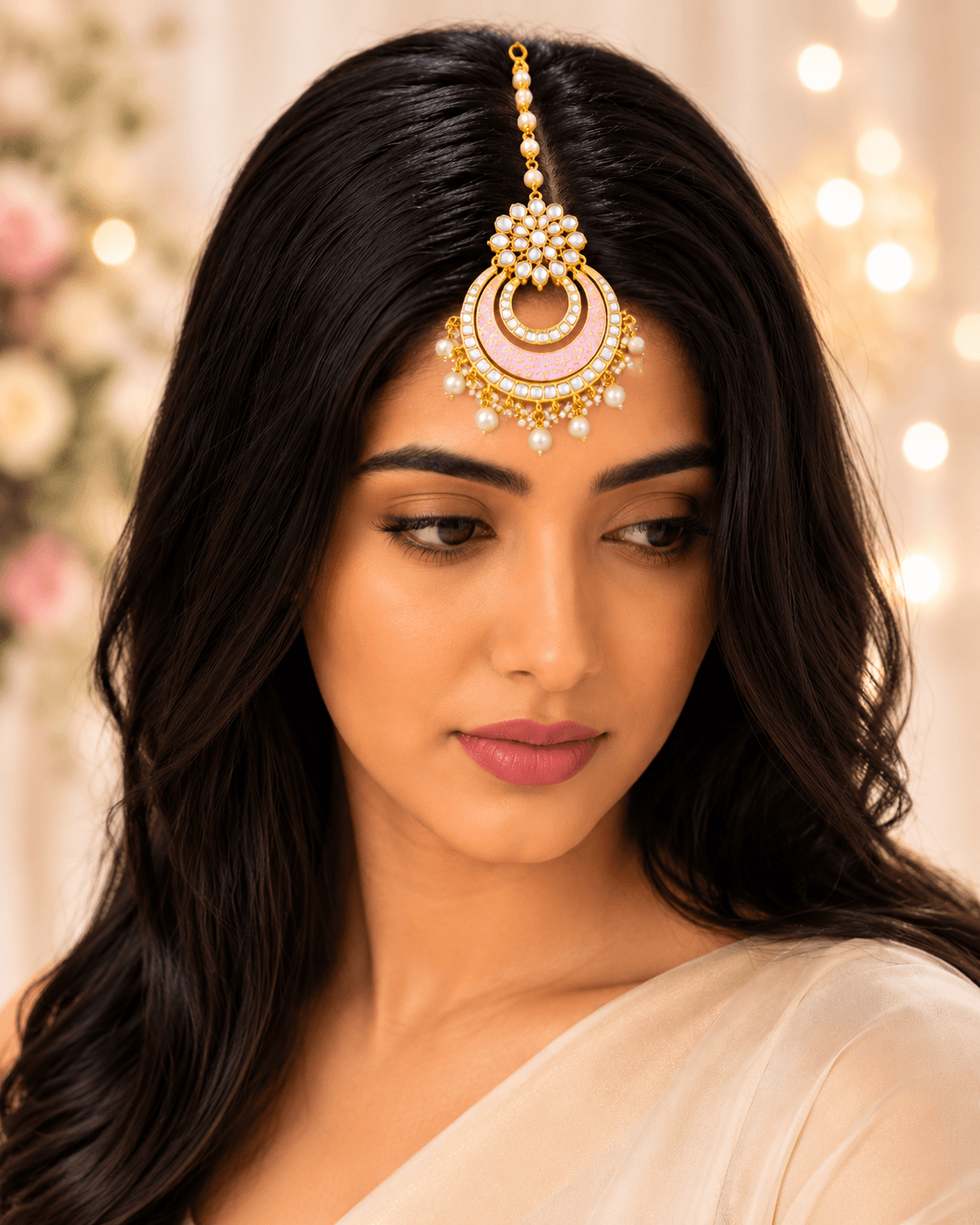 Pink Chandbali Kundan Maang Tikka Jewellery Gold Design with White Pearls