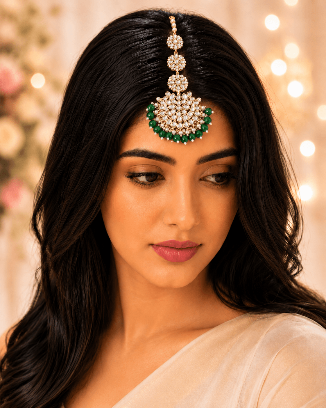 Kundan Maang Tikka in Green-Gold for Weddings & Festivals | Ethnic Hair Jewelry