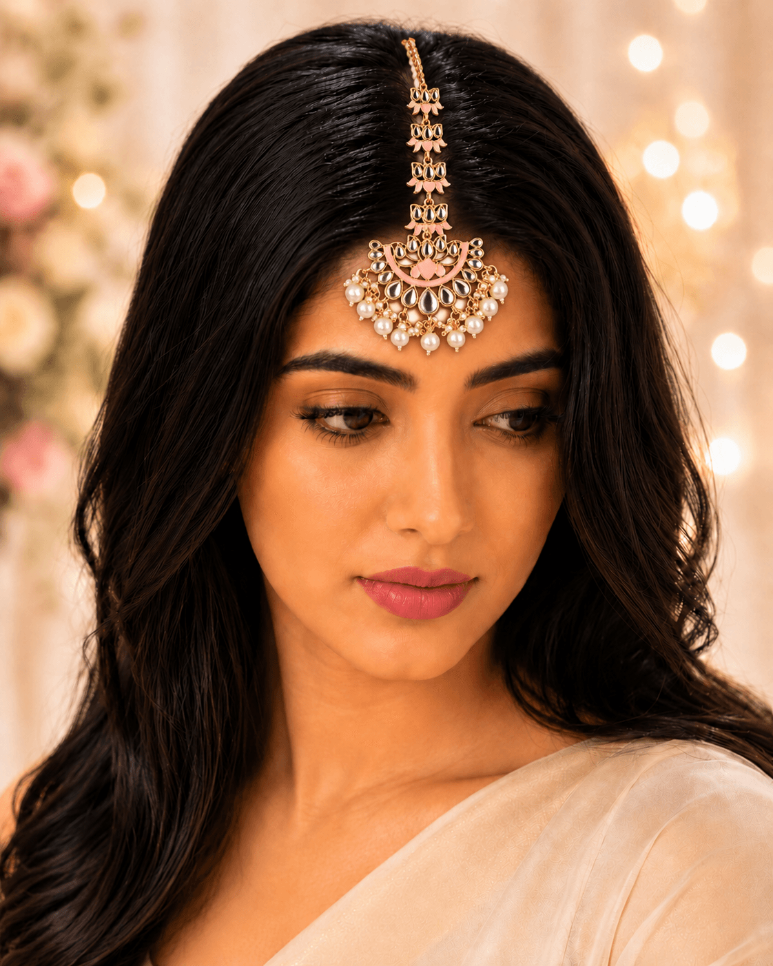 Pink Lotus Kundan Maang Tikka Gold Plated Bridal Wedding Headpiece