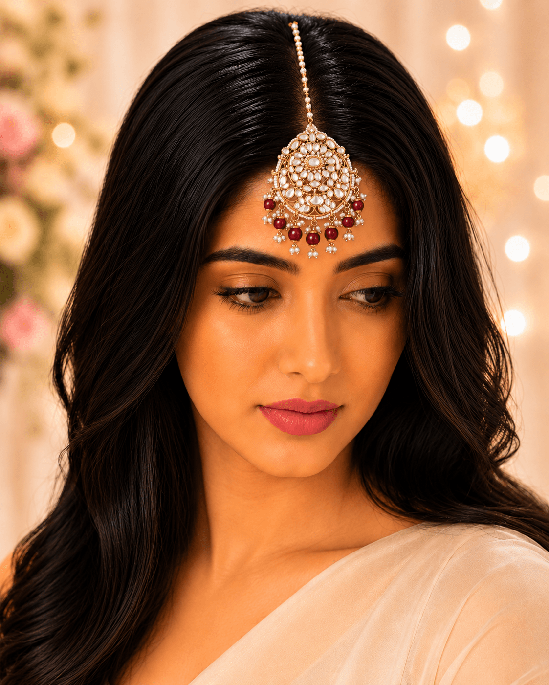 Golden Kundan Maang Tikka Maroon Drop Bridal Maangtikka Ethnic Design