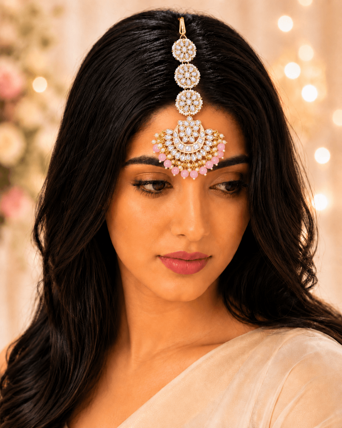 Kundan Pink Drops Floral Maang Tikka New Design for Wedding & Engagement