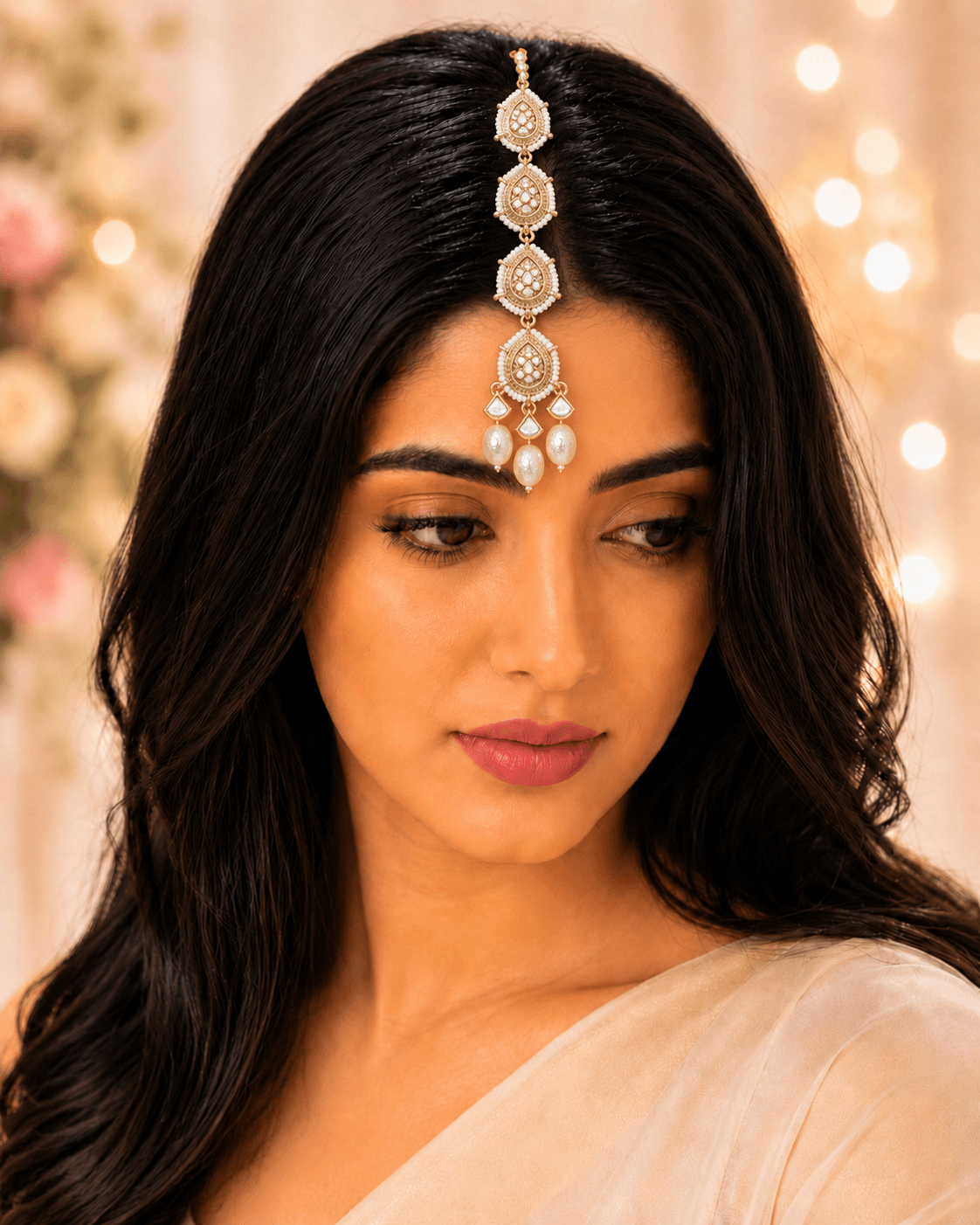 Minimalist Kundan Maang Tikka Gold Pearl Wedding Jewelry for Festive Elegance
