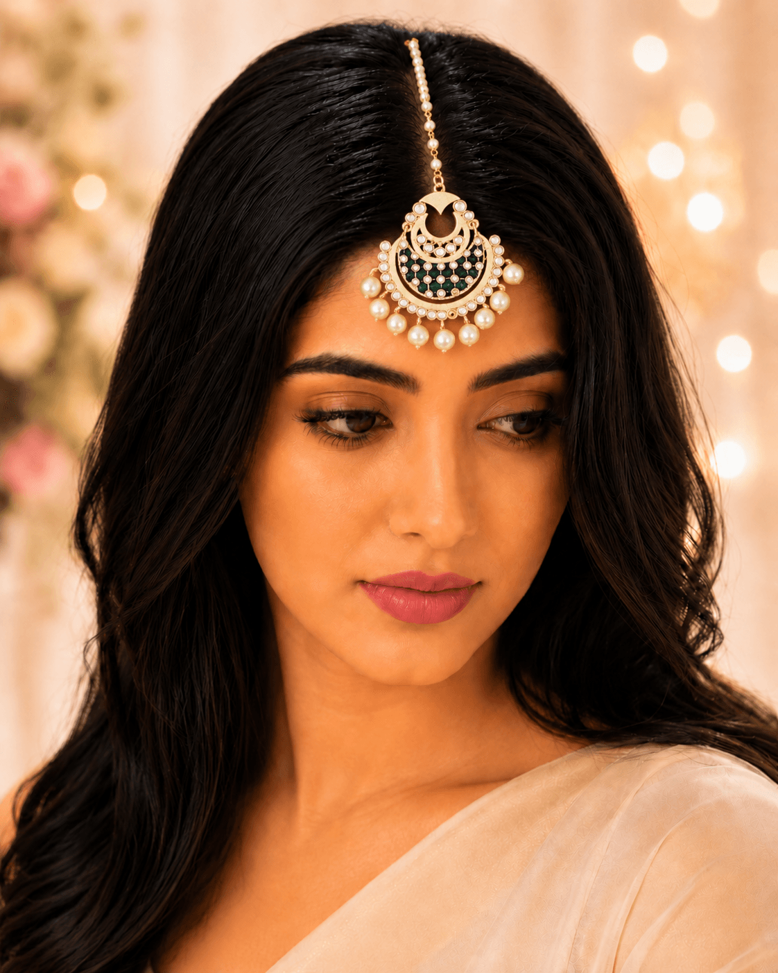 Green Kundan Chandbali Maang Tikka for Weddings and Festive Wear