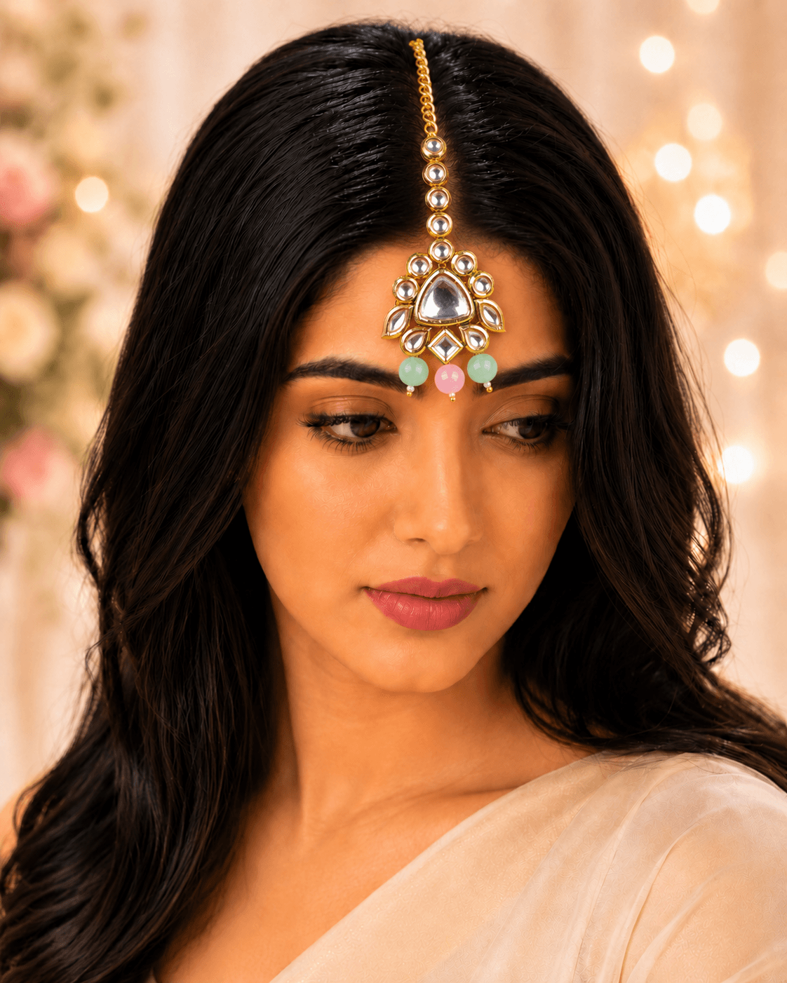Pink-Mint Green Kundan Meenakari Reversible Maang Tikka for Bridal Wear
