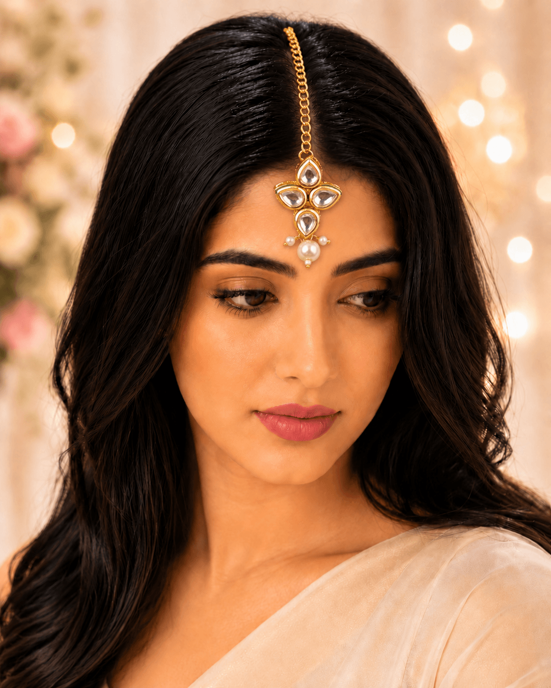 Kundan Embellished Floral Meenakari Reversible Maang Tikka for Women
