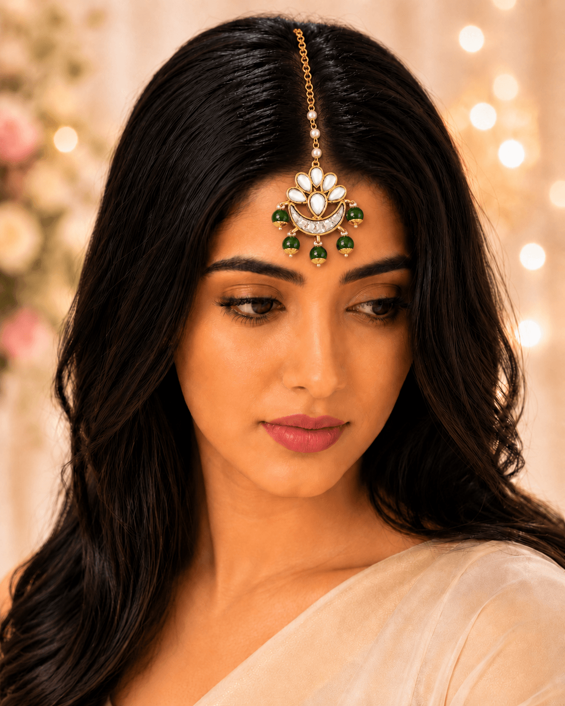 Chand Shape Pearl Beads Kundan Maang Tikka Design for Women Bridal Set