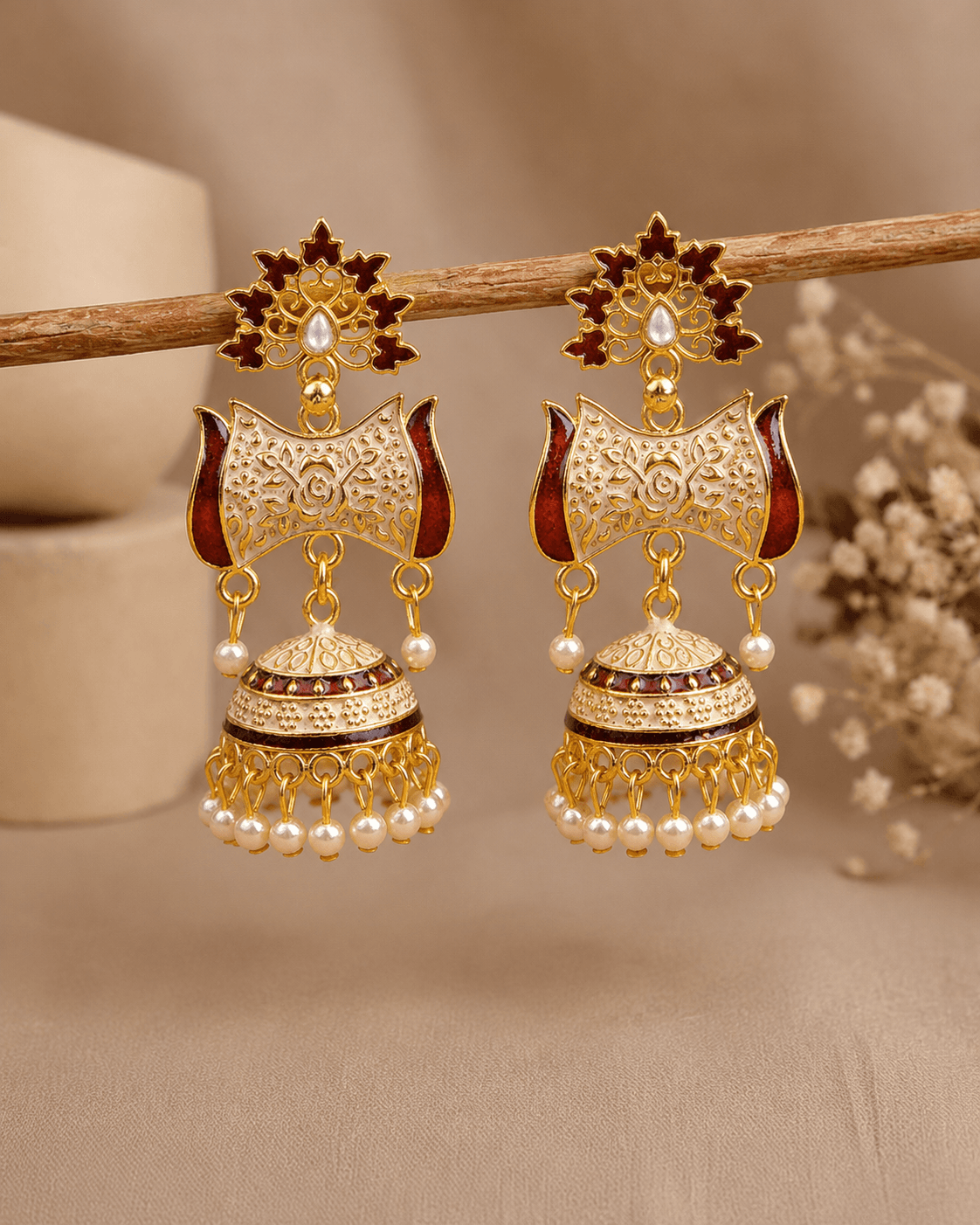 Maroon Meenakari Jhumki Earrings Gold-Toned Floral Design for Women & Girls