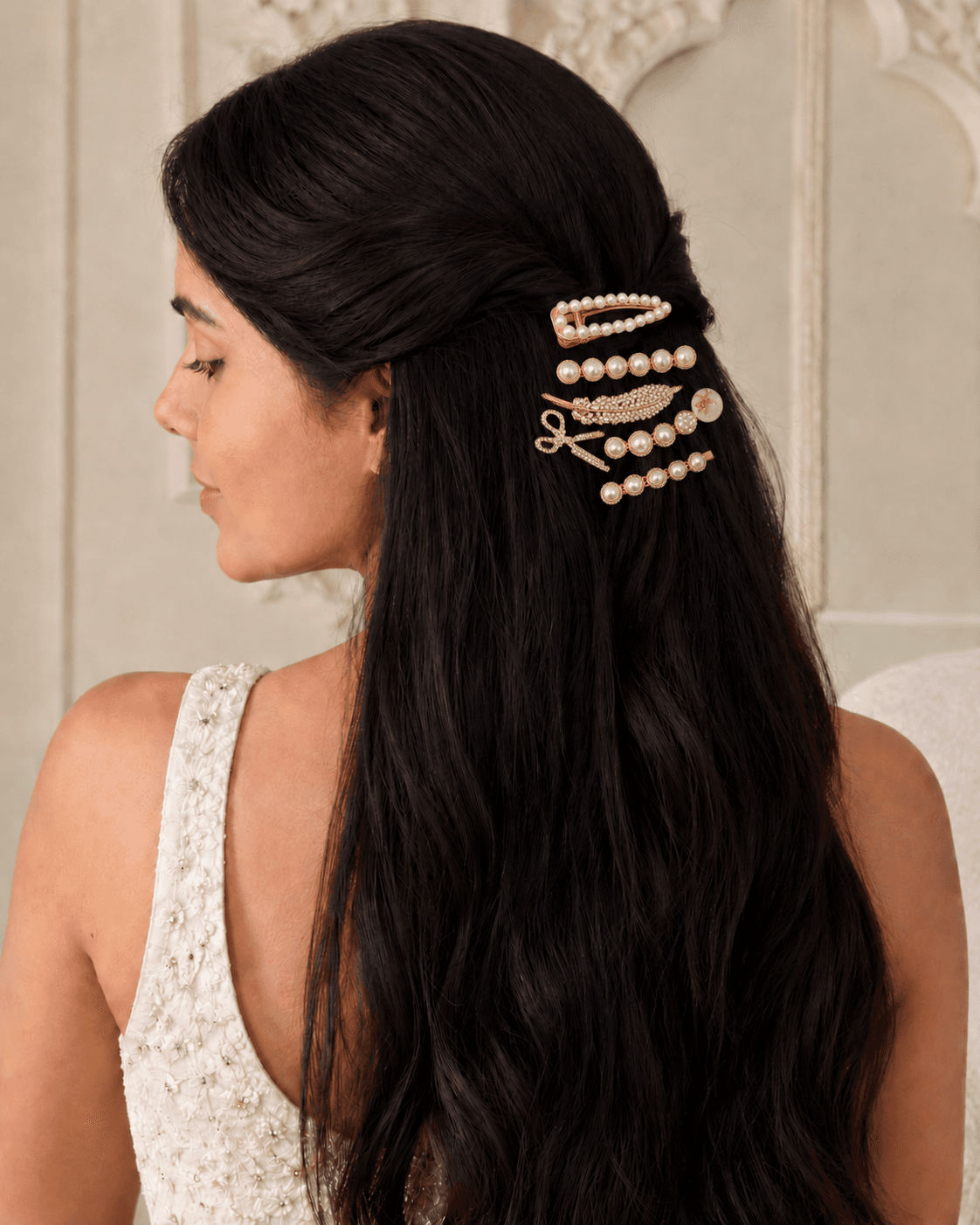 Glossy Golden Asymmetric Pearl Hair Clip Set- Pack of 6