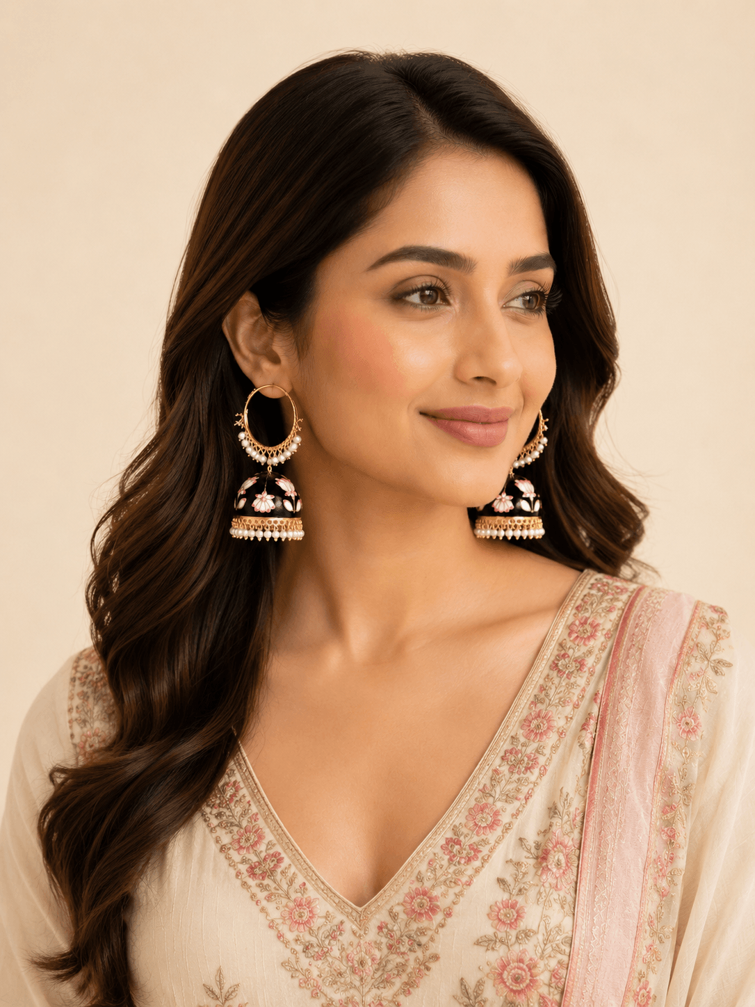 New Gold Plated Traditional Jhumka Earrings in Black Hoops Design for Women