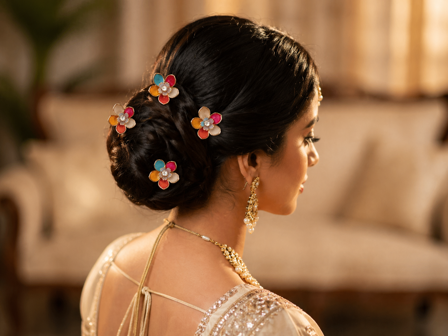 Multicolored Acrylic Flower Hair Pins for Haldi Mehndi