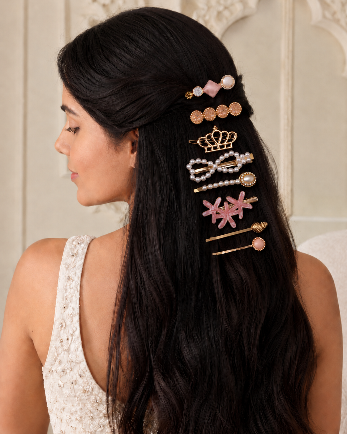 Stylish Pink-Off White Hair Pin Combo for Girls- Pack of 8