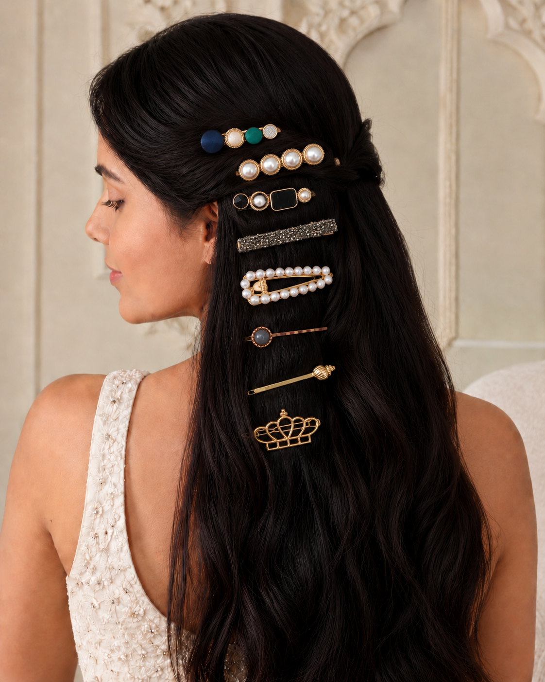 Multicolored Pearls & Gemstone Hair Clip set Girls- Pack of 8