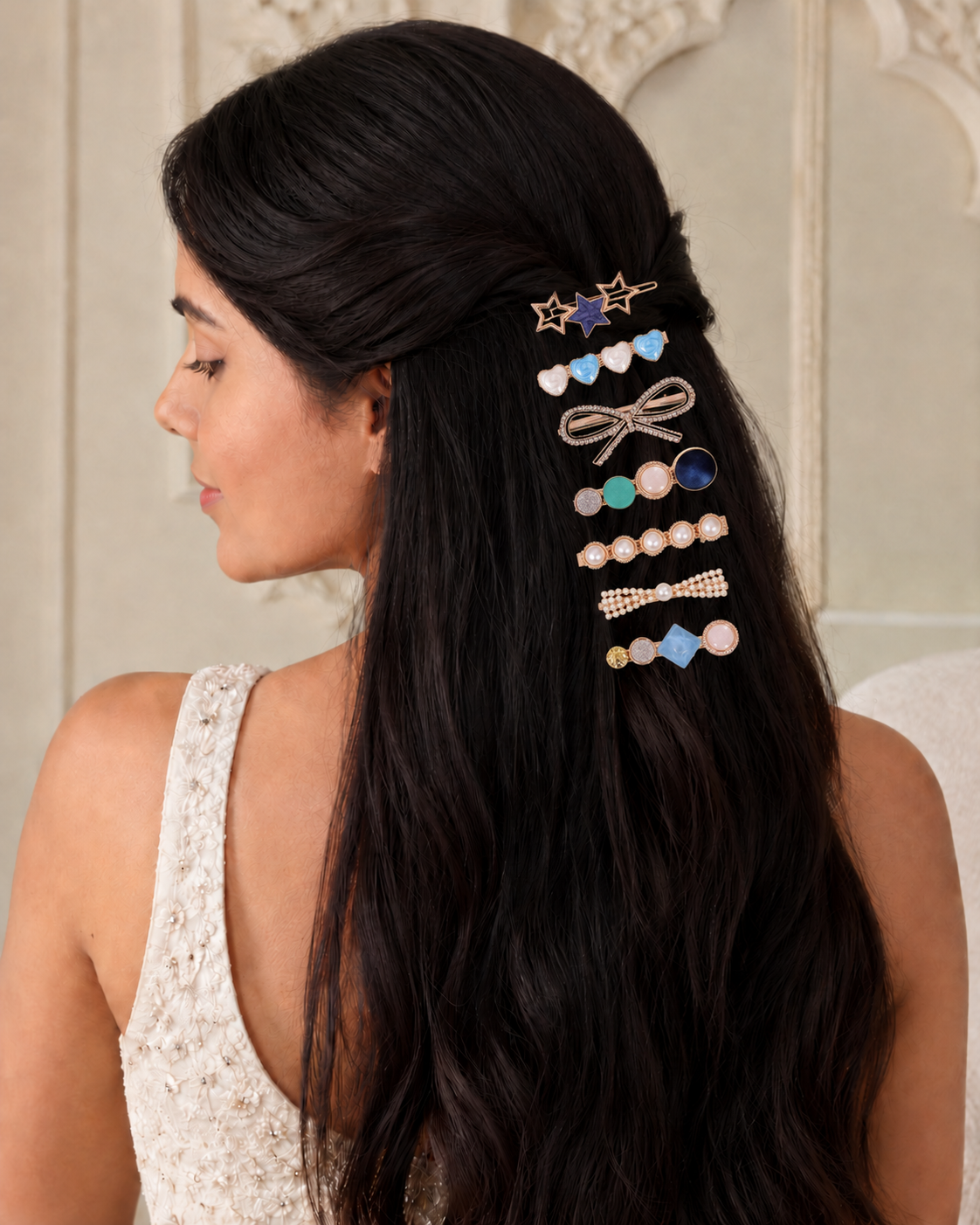 Starry Night Hairpins -Multi Color Gold Toned Stone & Pearl Hair Clips for Girls -Pack of 8