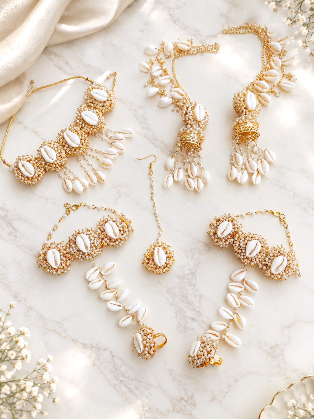 White Shell/Kodi drops Pearl Haldi-Mehndi Jewellery Set for Weddings