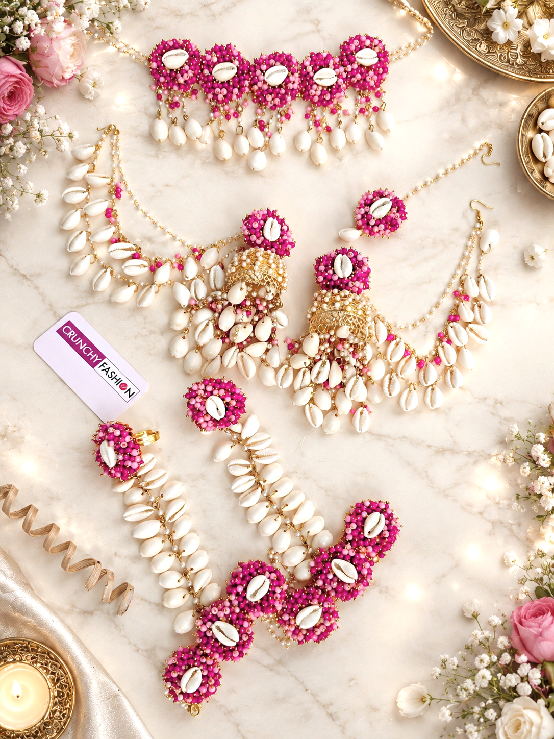 Pink Pearl & Cowrie haldi Jewellery Set with Kaliras, Ear Chain