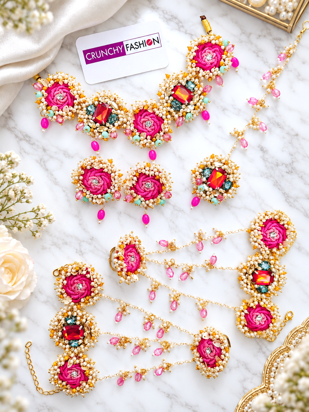 Pink Roses Pearl Jewelry Set for Bridal Haldi Mehndi