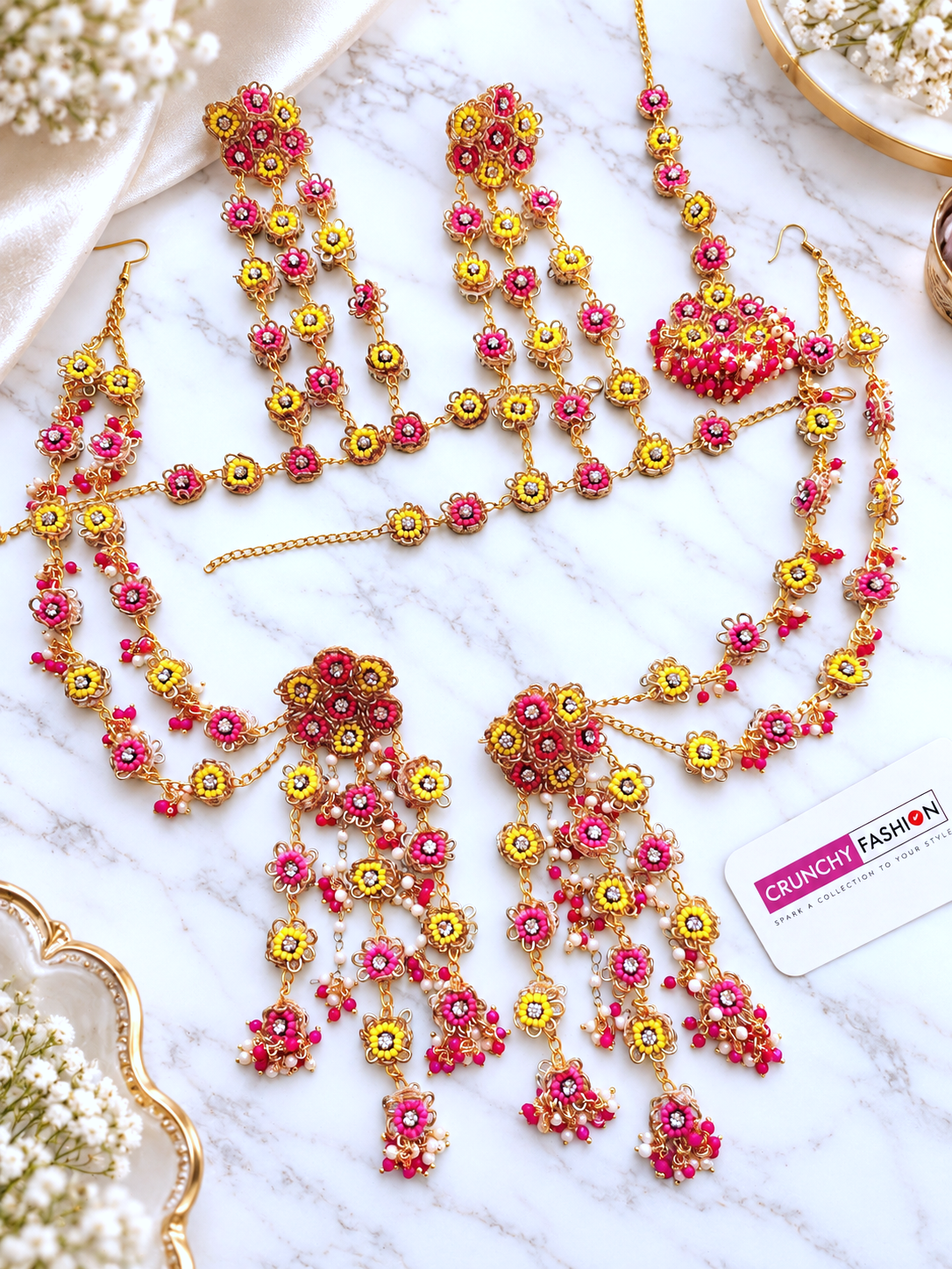 Pink-Yellow Beaded Floral Earrings with Earchain, Tikka , Hathphool set