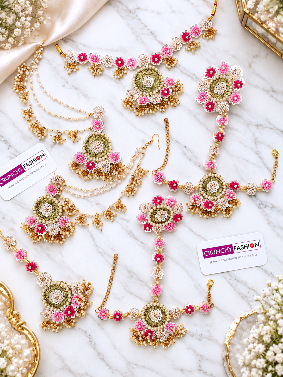 Pink-Baby Pink Handmade Floral Jewelry Set Haldi-Mehndi