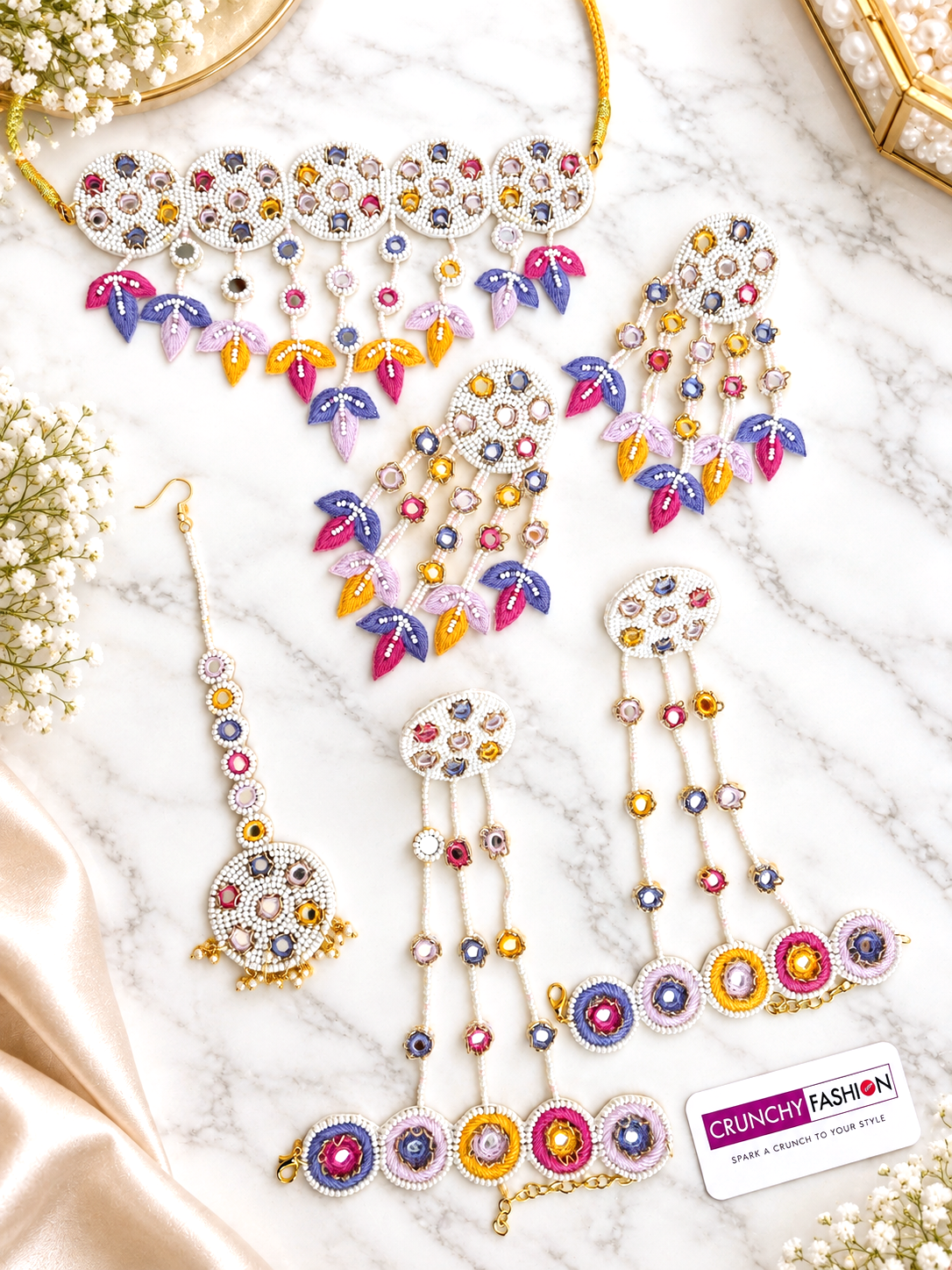 Pink-Orange-Sky Blue Handmade Floral Jewelry Set for Haldi Mehndi