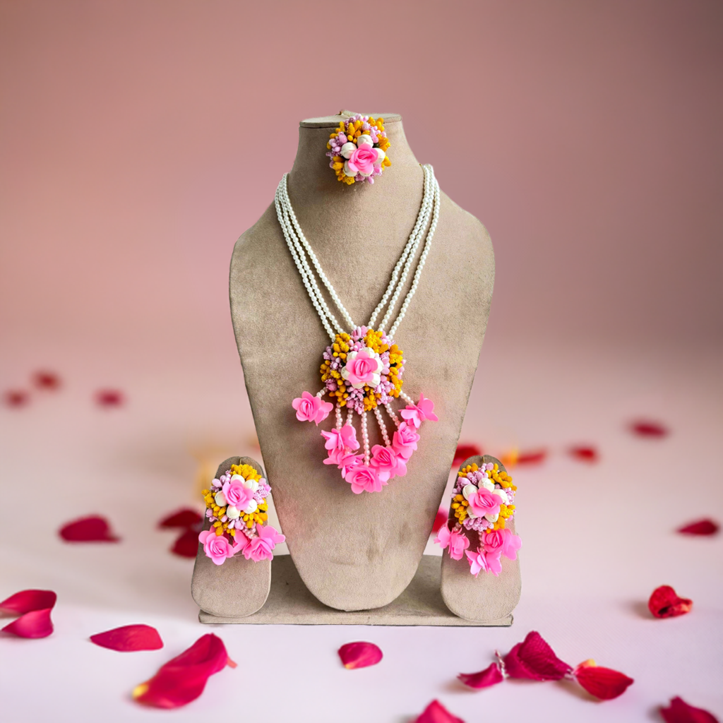 Pink-Yellow Artificial Flower Long Necklace Jewellery Set for Baby Shower, Haldi, Mehndi