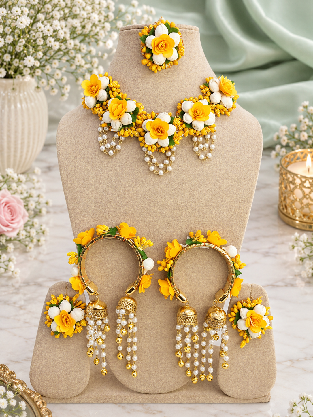 Yellow Floral Jewellery Set for Women - Perfect for Haldi-Mehndi and Wedding Occasion