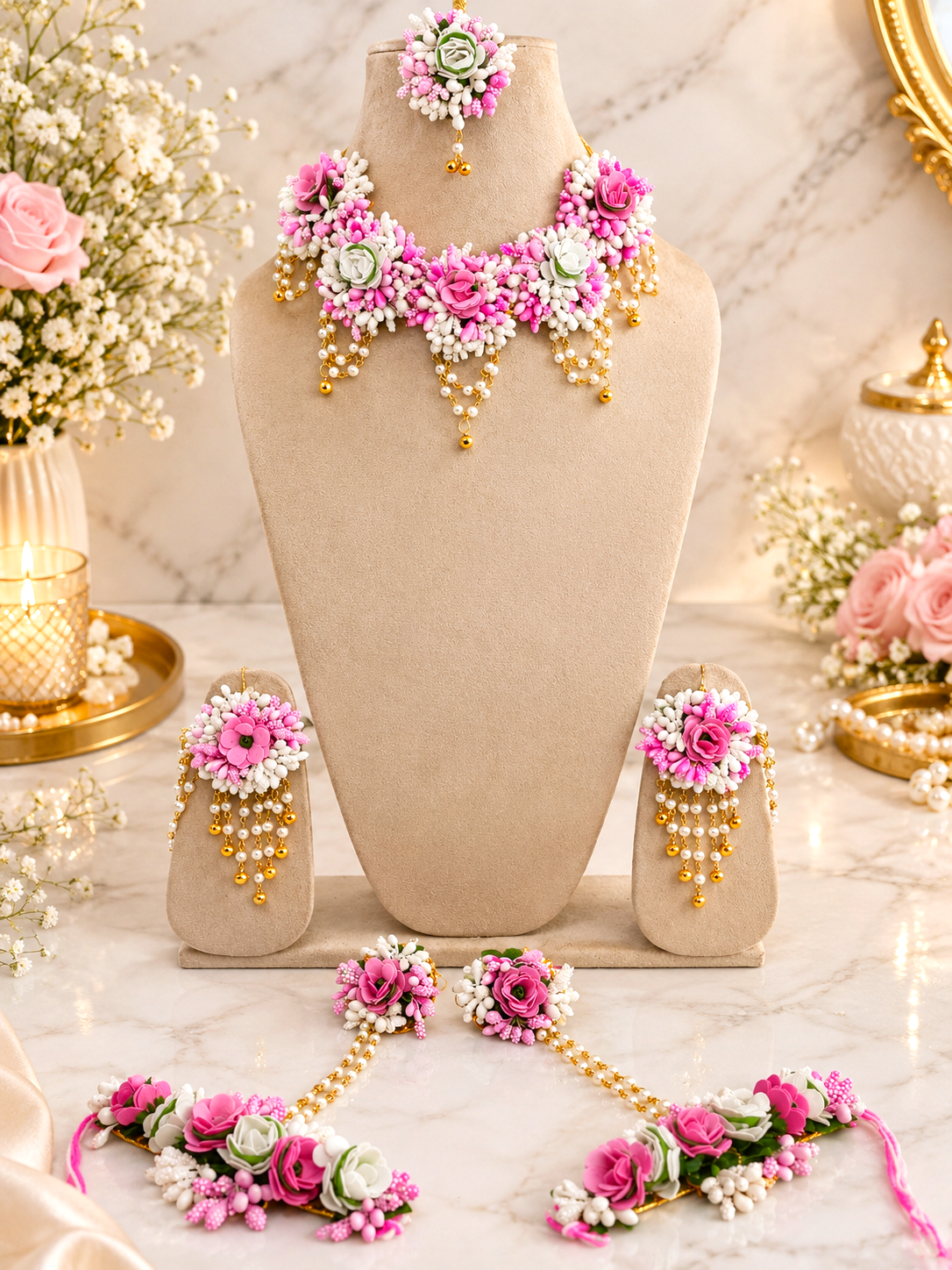 Yellow & White Floral Haldi-Mehndi Jewellery Set for Women with Multilayer Earrings