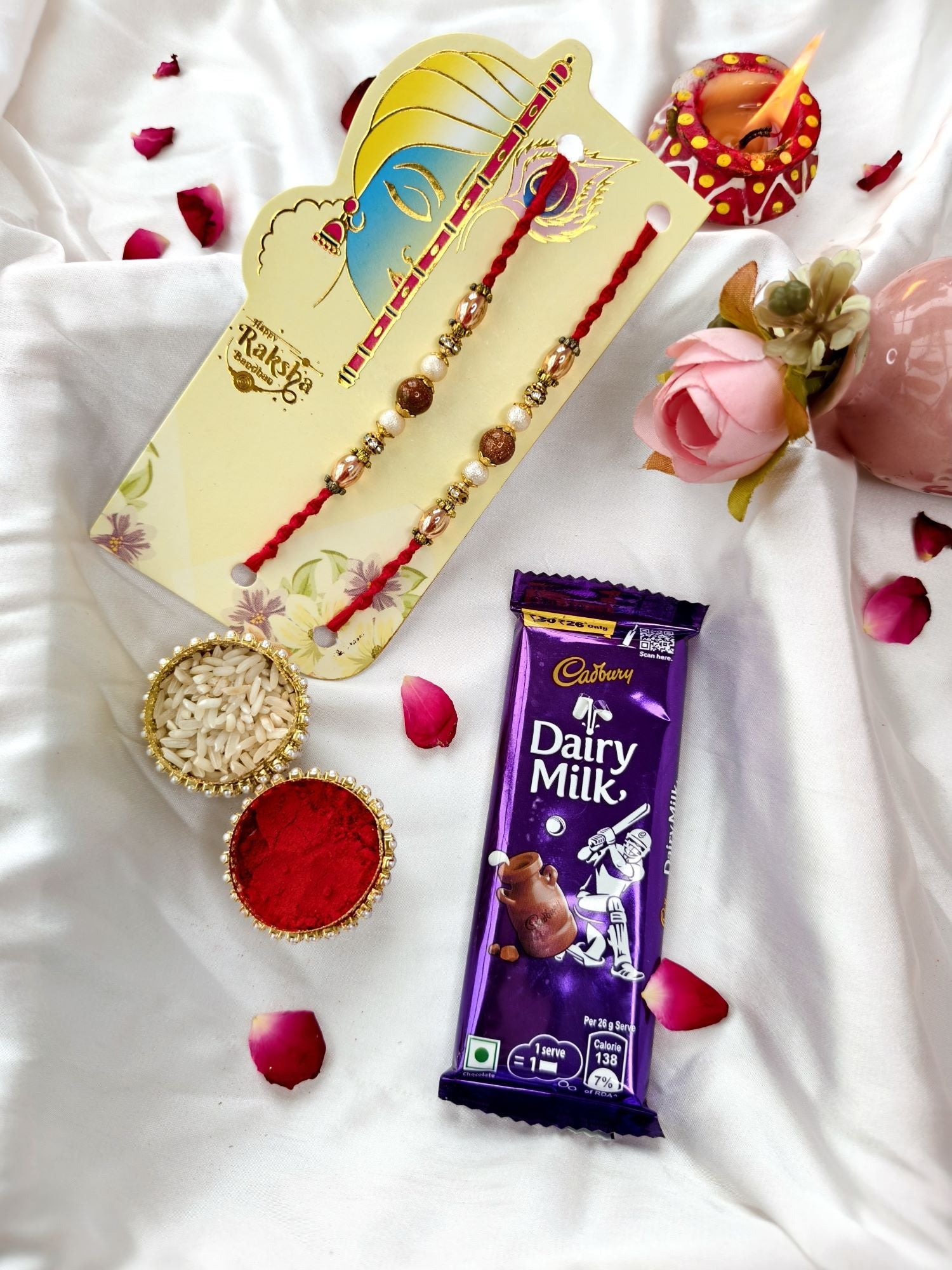 Brown handmade rakhi set for brother with Dairy Milk chocolate, roli chawal, Rakhi hamper gift for Rakhi 2026