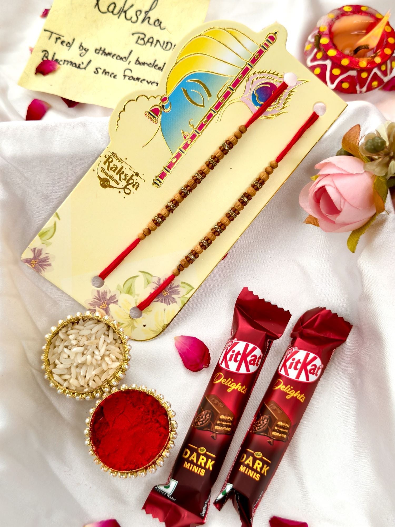 Rakhi hamper set of 2 beaded rakhi for brother with KitKat chocolate