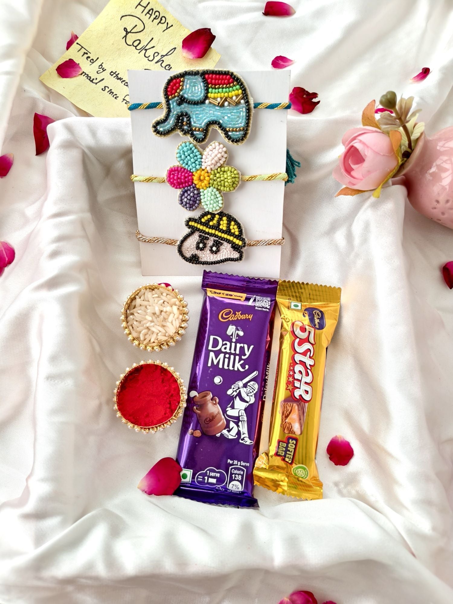 Set of 3 handmade multicolor Rakhi with KitKat chocolate, Roli Chawal, perfect Rakhi hamper for brother 2026