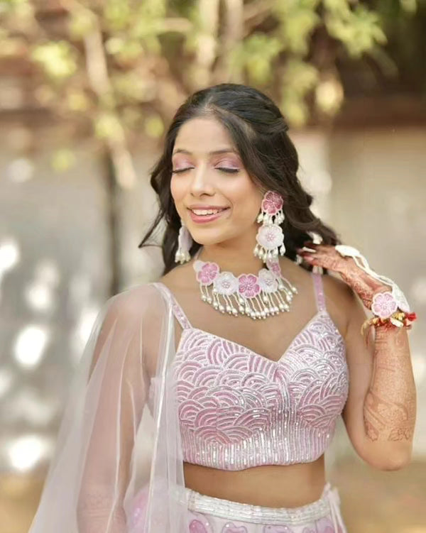 Blossom 2.0: Pink Floral Haldi Mehndi Jewellery Set for Brides
